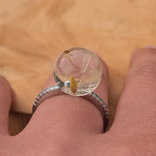 Real dandelion ring with adjustable silver band botanical jewelry – EL-CreationS
