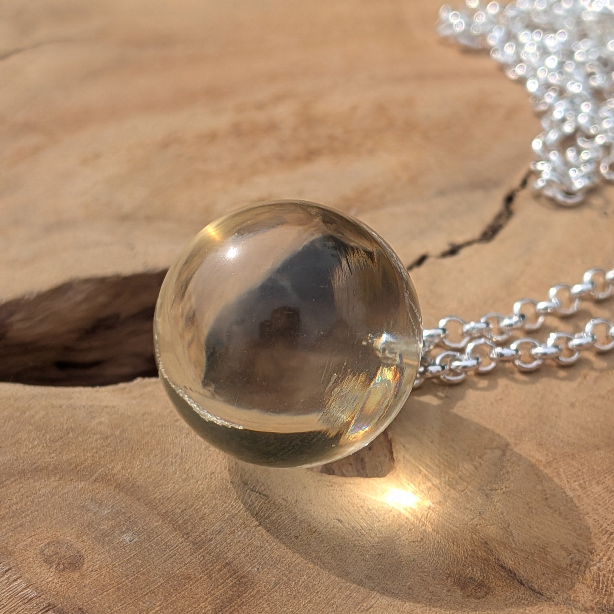 Clear resin ball necklace 18mm — lightweight minimalist pendant for everyday wear