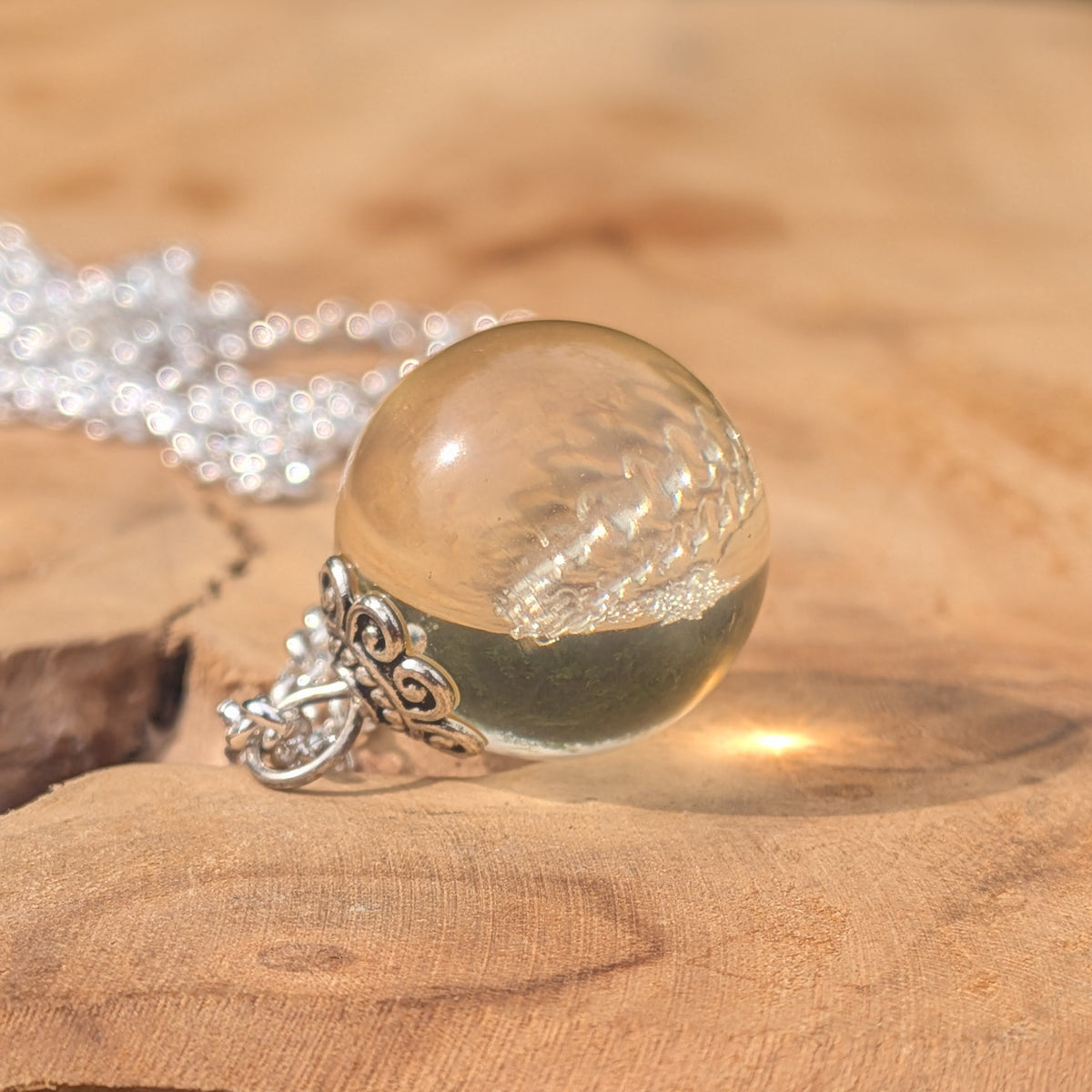 Clear resin ball pendant necklace detail shot — gift for her, handcrafted by EL-CreationS