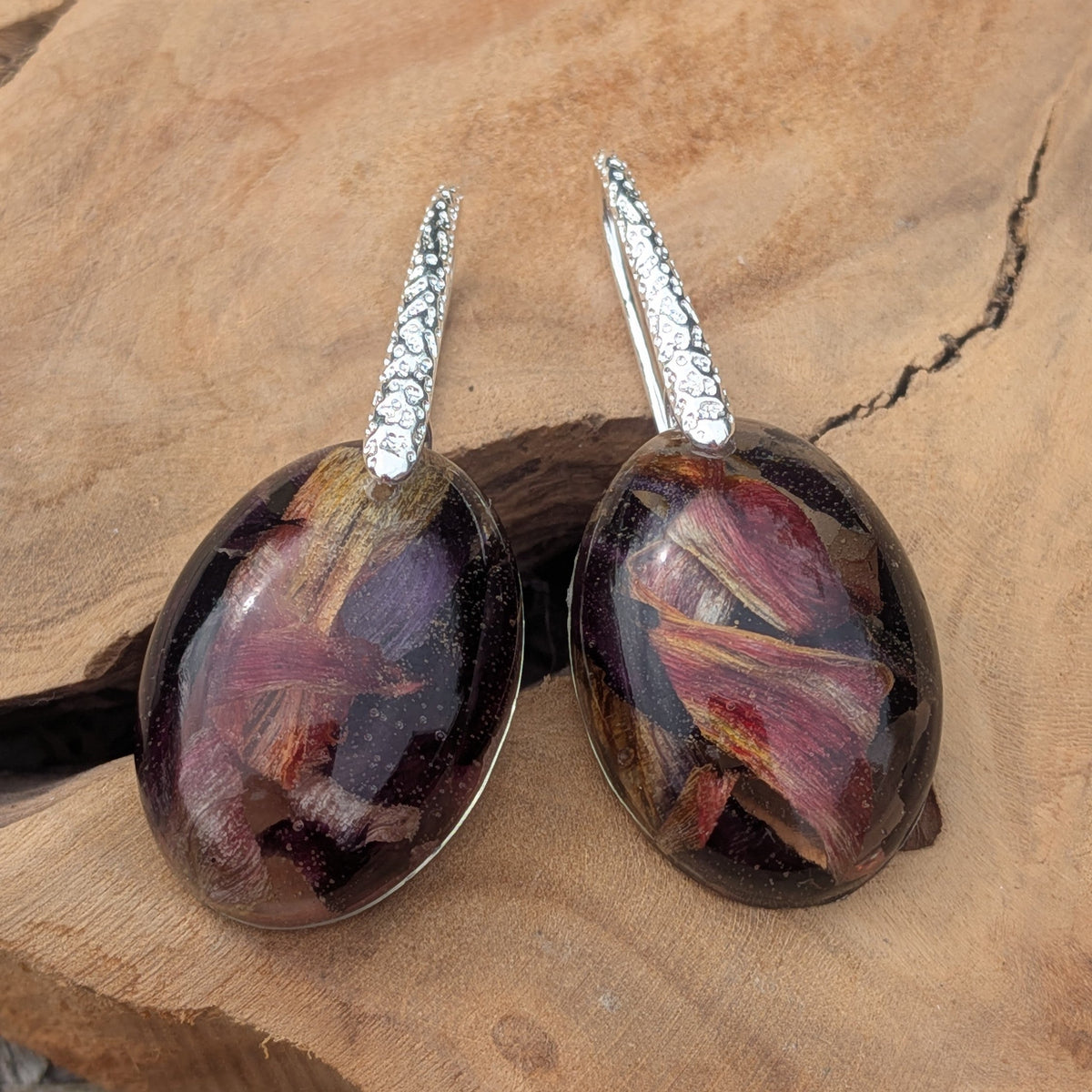 Tulip petal resin statement earrings 43mm total length textured silver hooks on driftwood – EL-Creations
