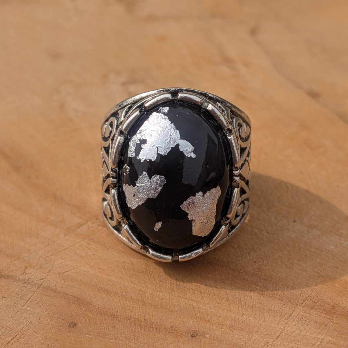 Black resin silver flakes ring back view showing open adjustable band and inner texture – EL-Creations