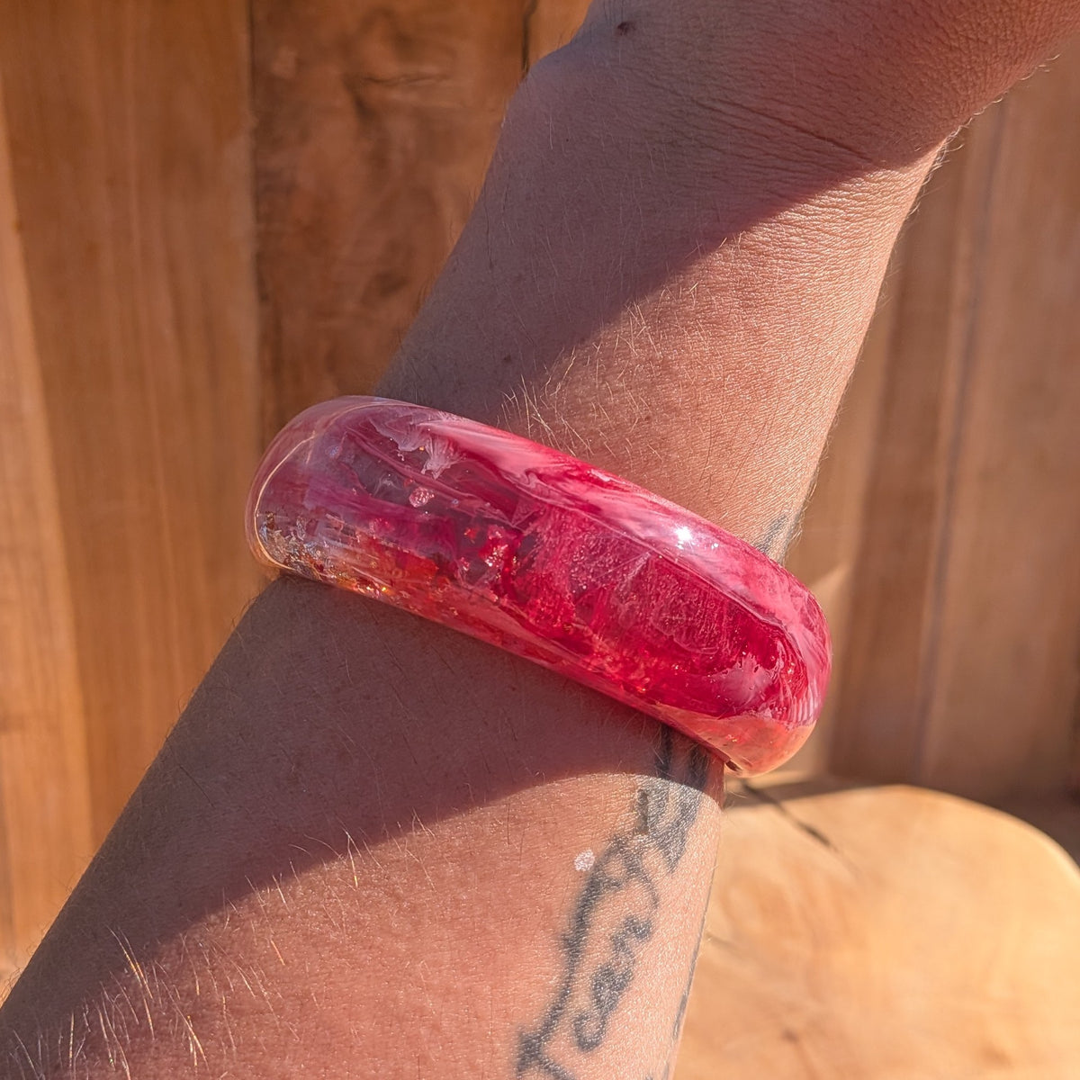 Pink & Red Resin Bangle – Chunky Dome Statement Bracelet with Gold, Copper & Silver Flakes