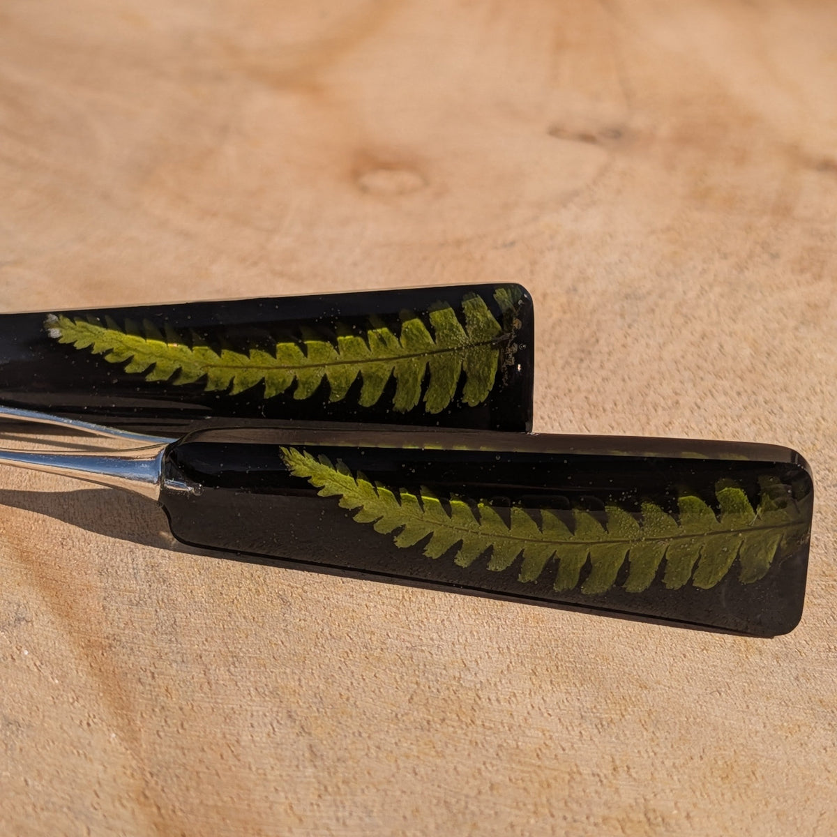 Black resin rectangular earrings with dried fern – pair on driftwood in sunlight – EL-Creations