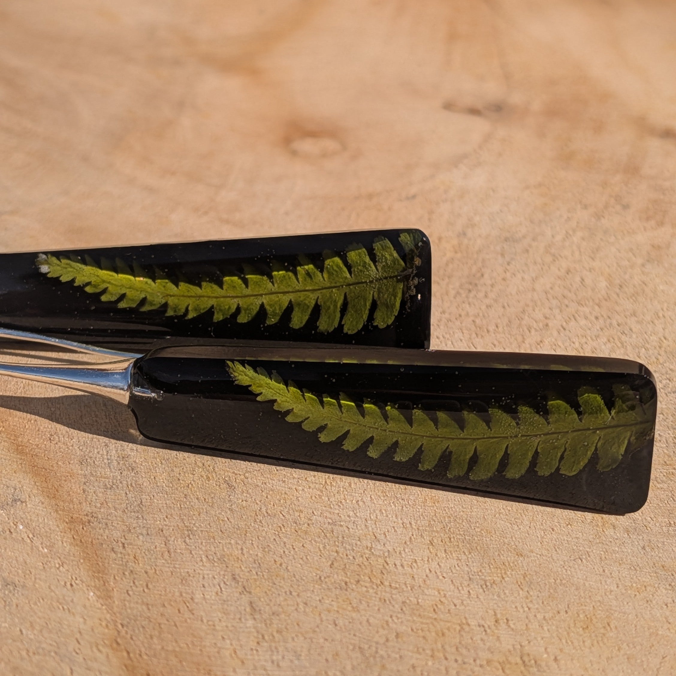 Black resin rectangular earrings with dried fern – pair on driftwood in sunlight – EL-Creations