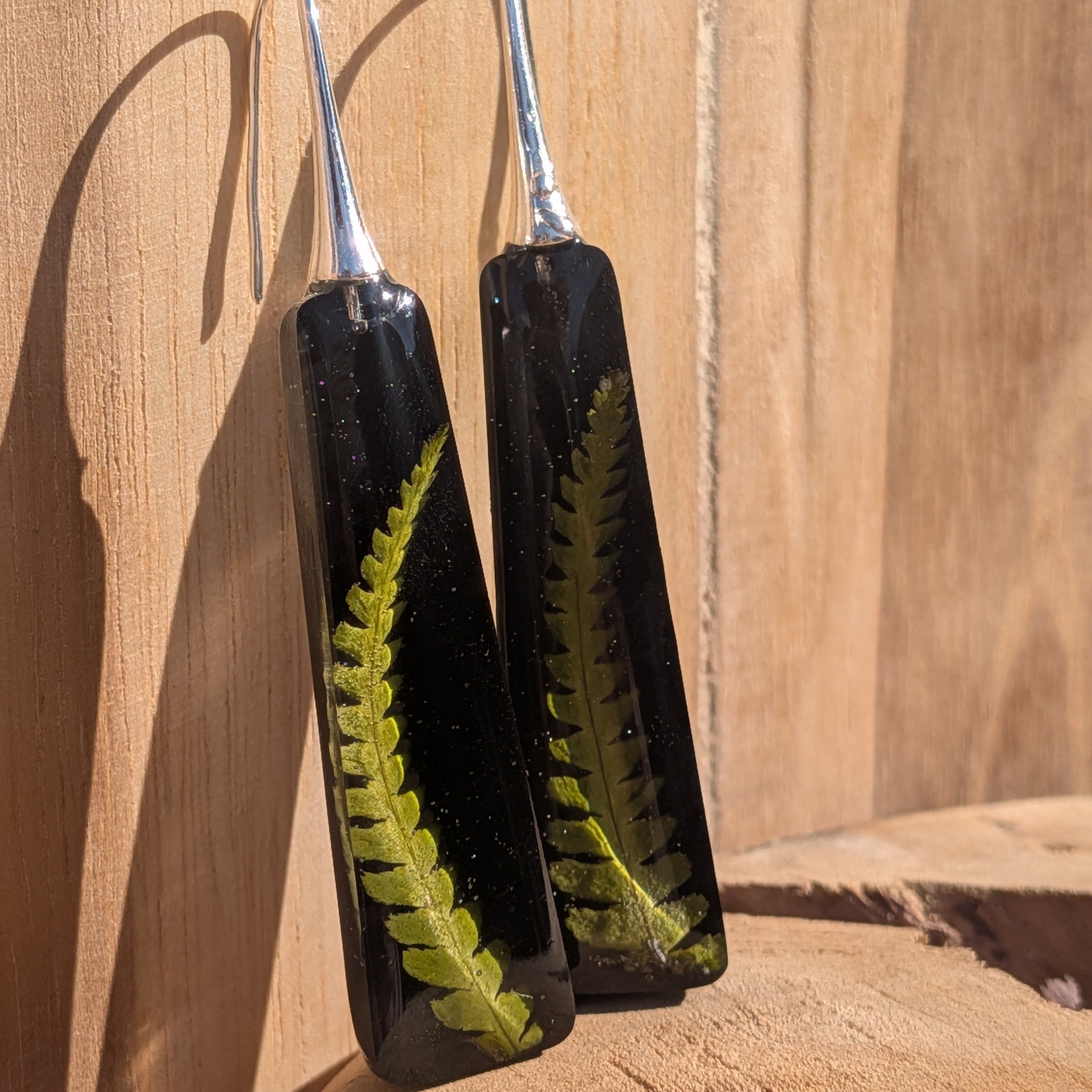 Real fern resin earrings – black pendant with silver stainless steel hook – EL-Creations