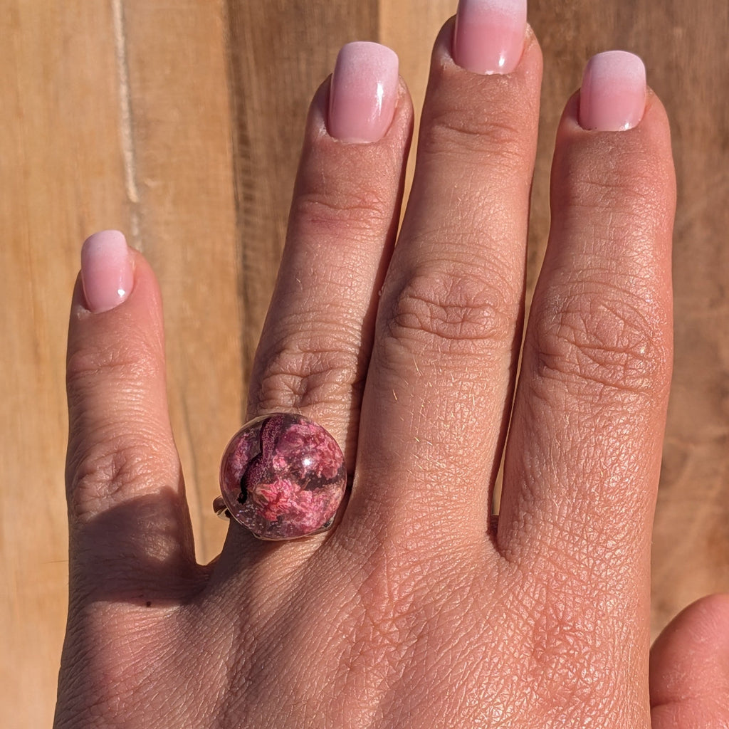 Baby's breath and rose petals resin ring – silver decorative setting – worn on finger – EL-Creations