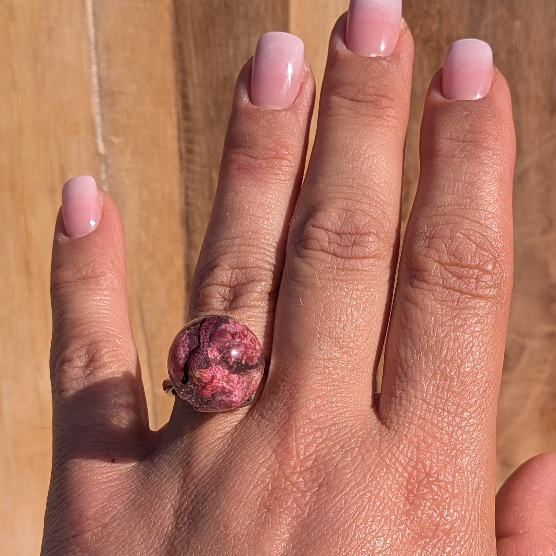 Baby's breath and rose petals resin ring – silver decorative setting – worn on finger – EL-Creations