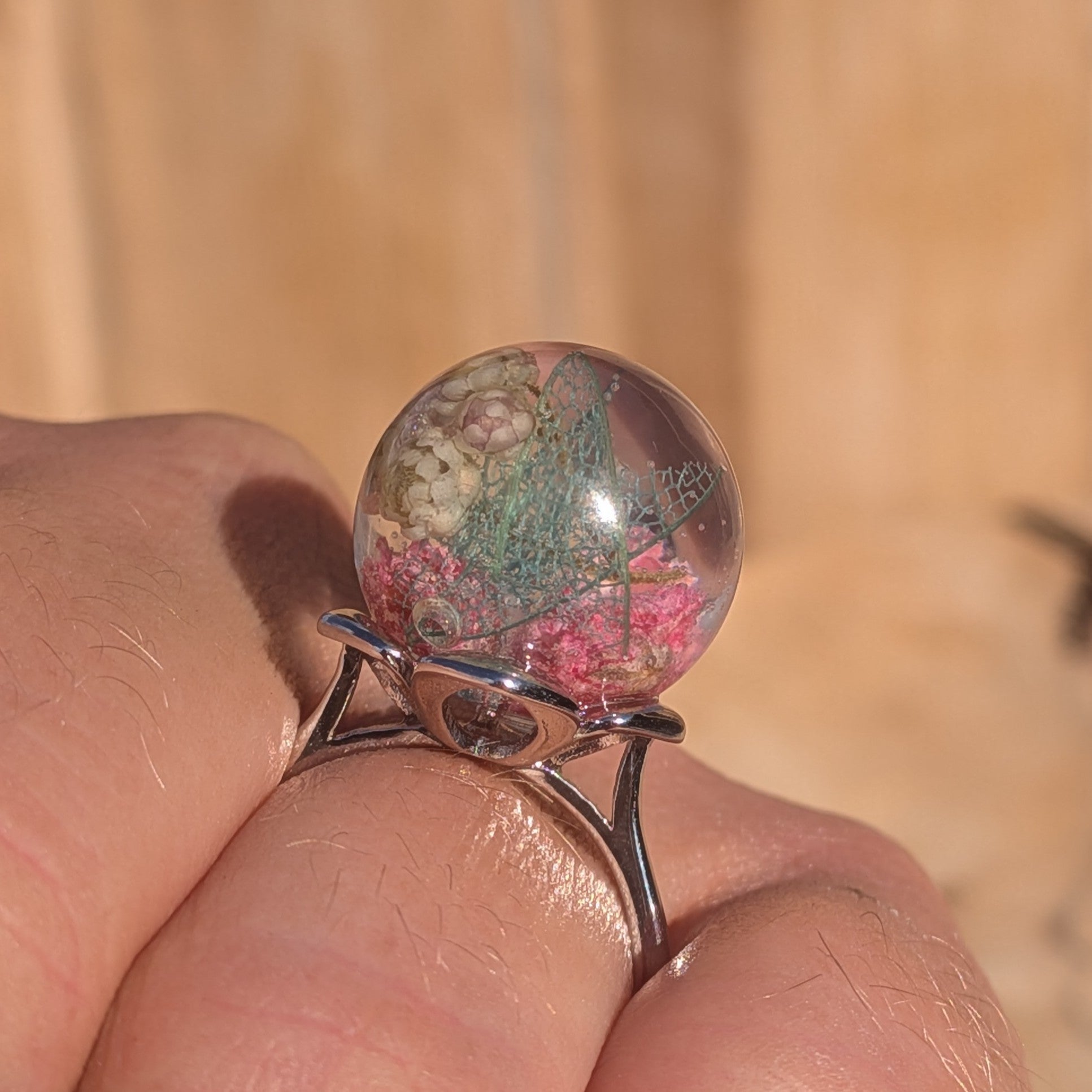 Silver adjustable resin ring with botanical inclusions – baby's breath clusters and skeleton leaf – EL-Creations