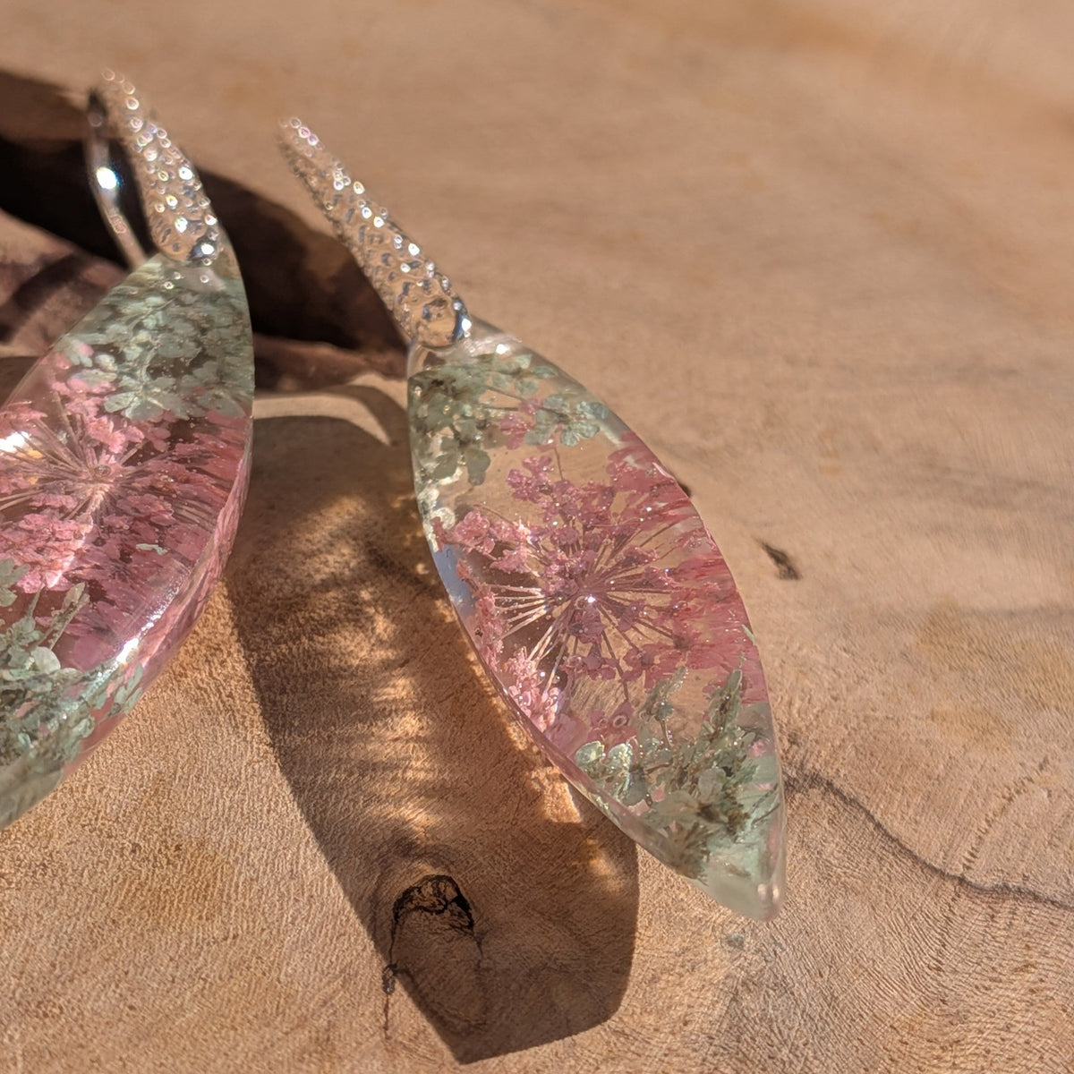 Long resin earrings with real dried pink flowers and moss on crystal hooks – EL-Creations
