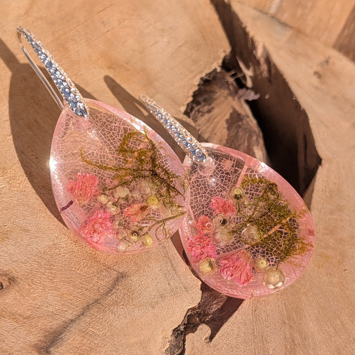 Botanical drop earrings worn – delicate pink skeleton leaf resin jewelry – EL-Creations