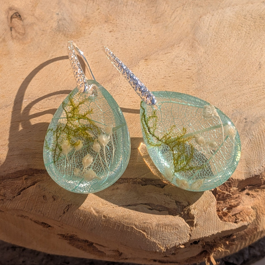 Skeleton leaf resin earrings aqua mint pair on wood in natural light silver filigree hooks – EL-Creations