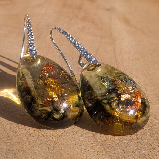 Olive green and amber resin teardrop earrings with metallic flakes and silver hooks, EL-Creations