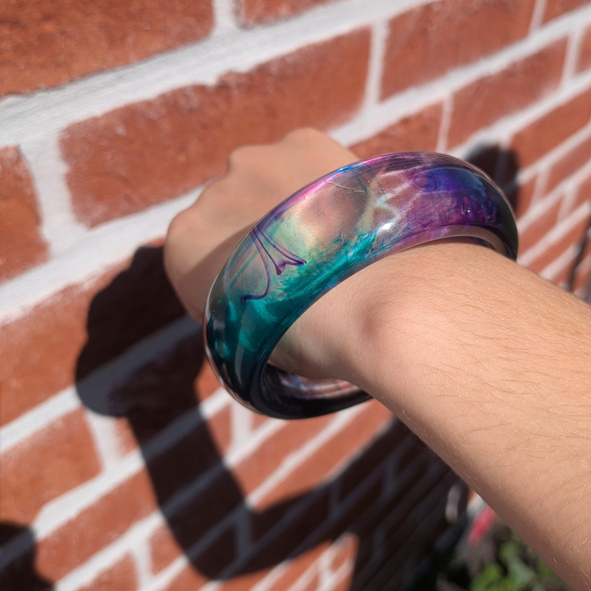 Wide galaxy resin bangle bracelet with teal and purple swirl – EL-Creations