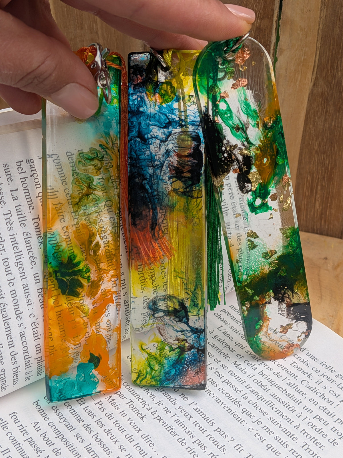 Three handmade resin bookmarks in different colours displayed together – EL-Creations