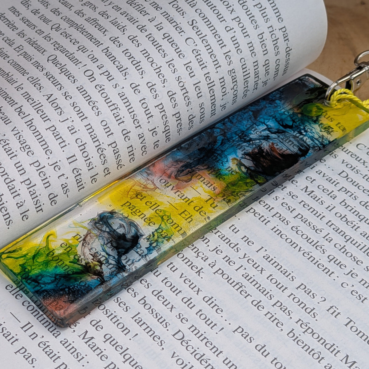 Close-up of teal and yellow resin bookmark keychain with lobster clasp – EL-Creations