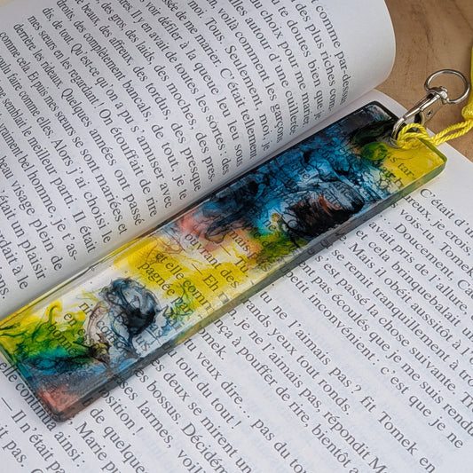 Three handmade resin bookmarks in different colours showing teal yellow and green versions – EL-Creations