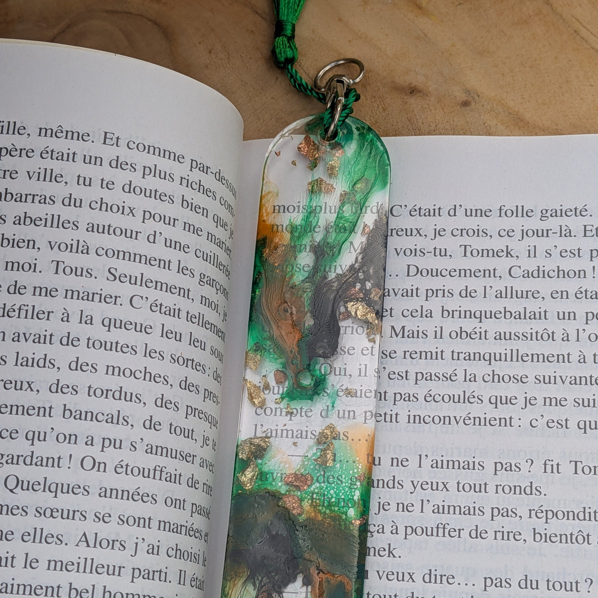 Full length view of enchanted forest resin bookmark on open book – EL-Creations