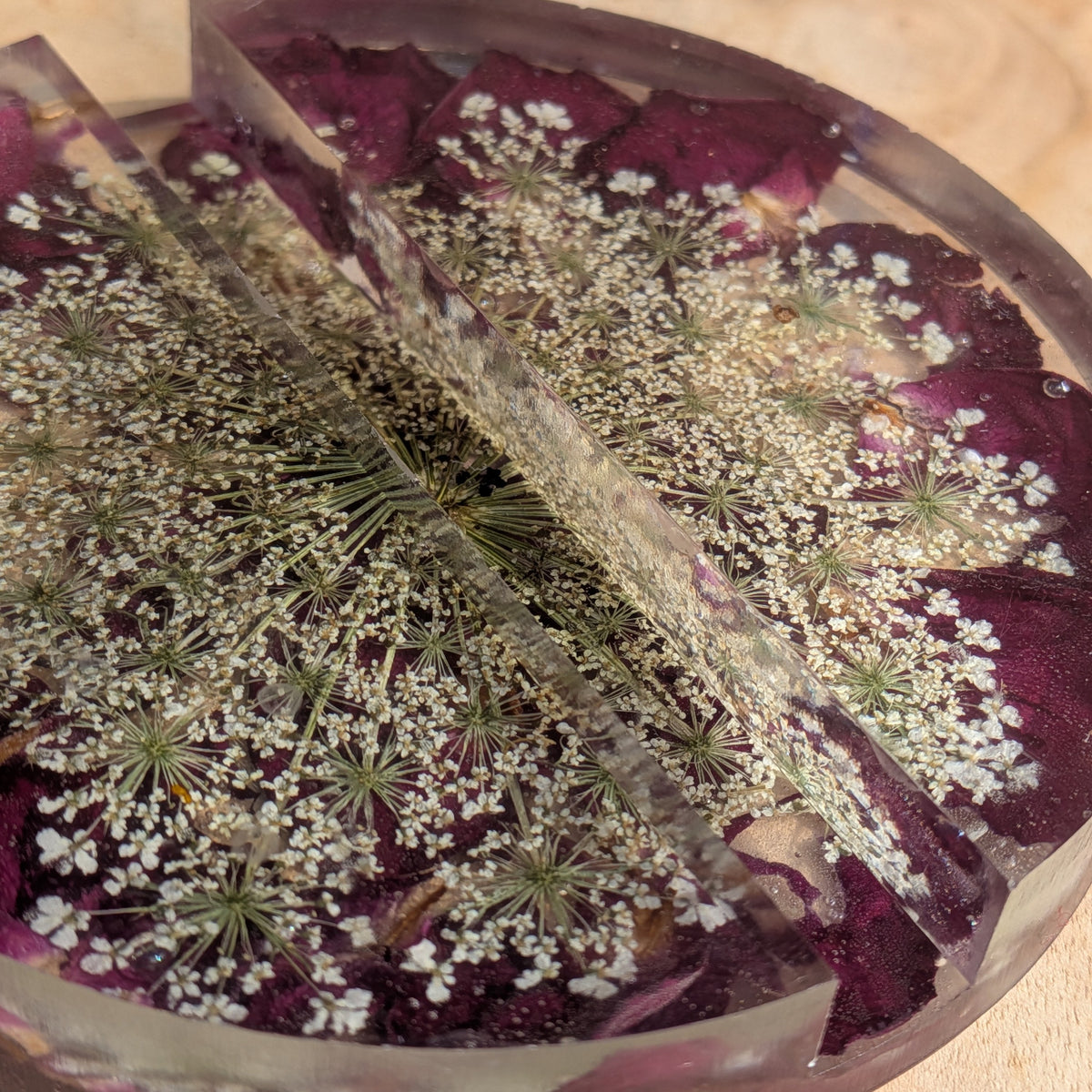 Close-up of Queen Anne’s lace and burgundy rose petals in clear resin - EL-Creations
