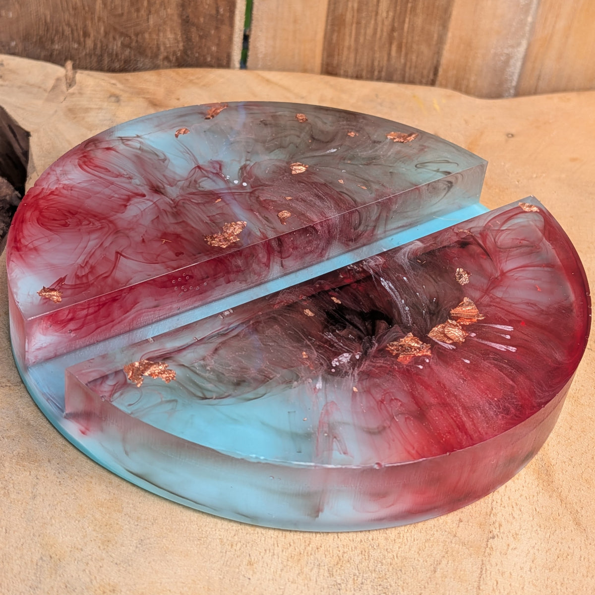 Detailed smoky grey and turquoise epoxy resin phone stand - EL-Creations