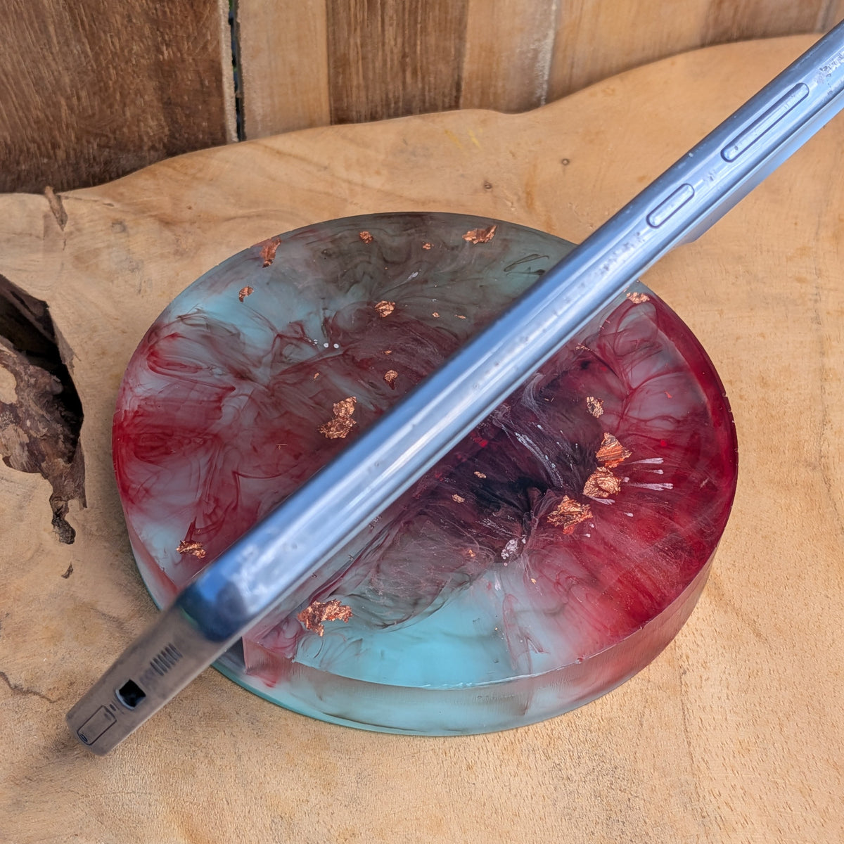 Front view of handmade resin phone stand with copper flakes - EL-Creations