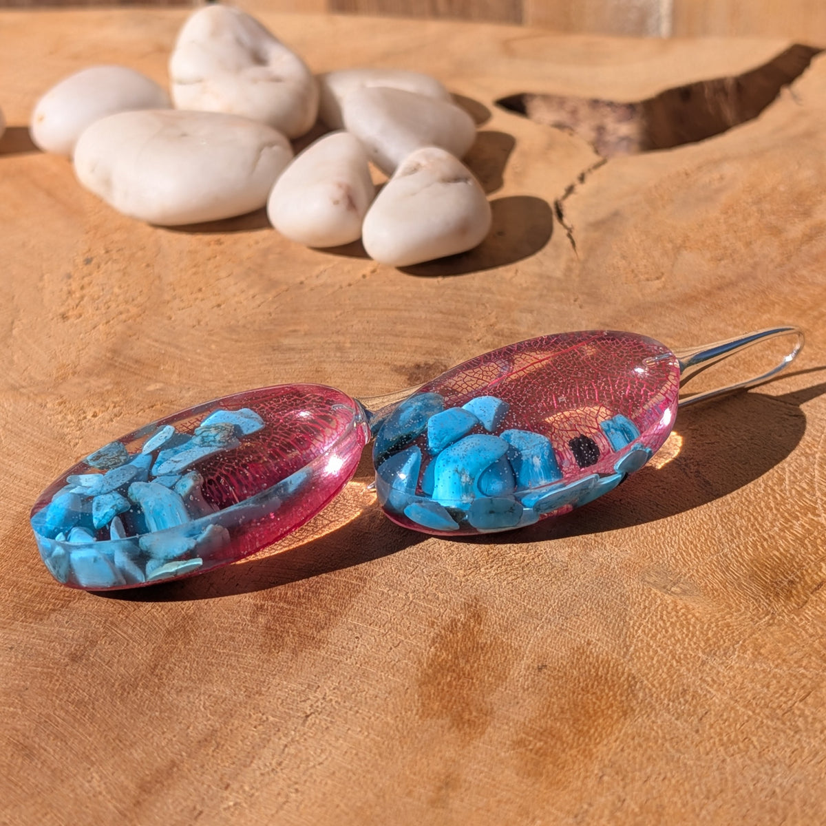 Red skeleton leaf veins and genuine turquoise chips encased in clear oval resin earrings, EL-Creations