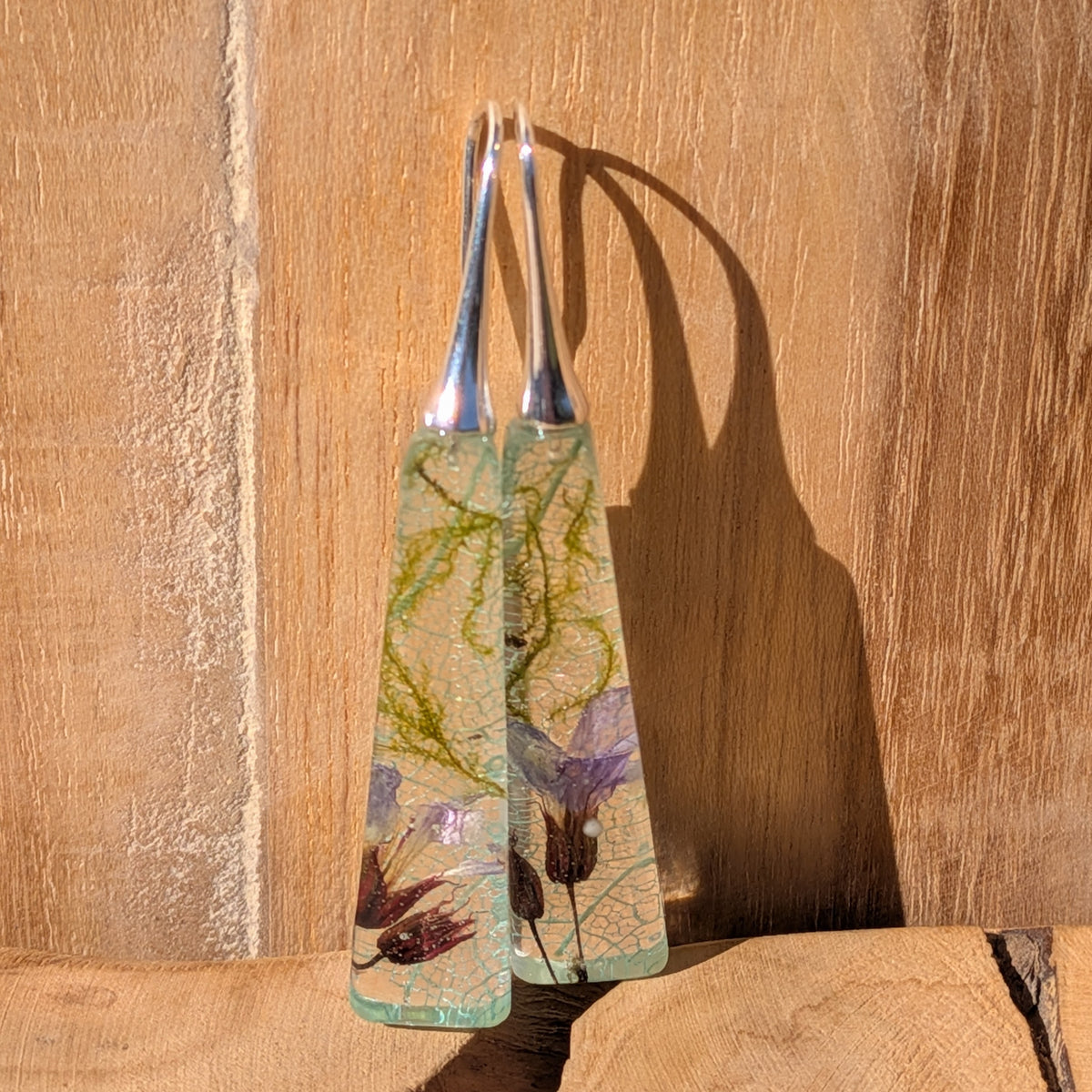 Handmade moss and light blue skeleton leaf resin earrings with silver-tone alloy hooks on wood, EL-Creations