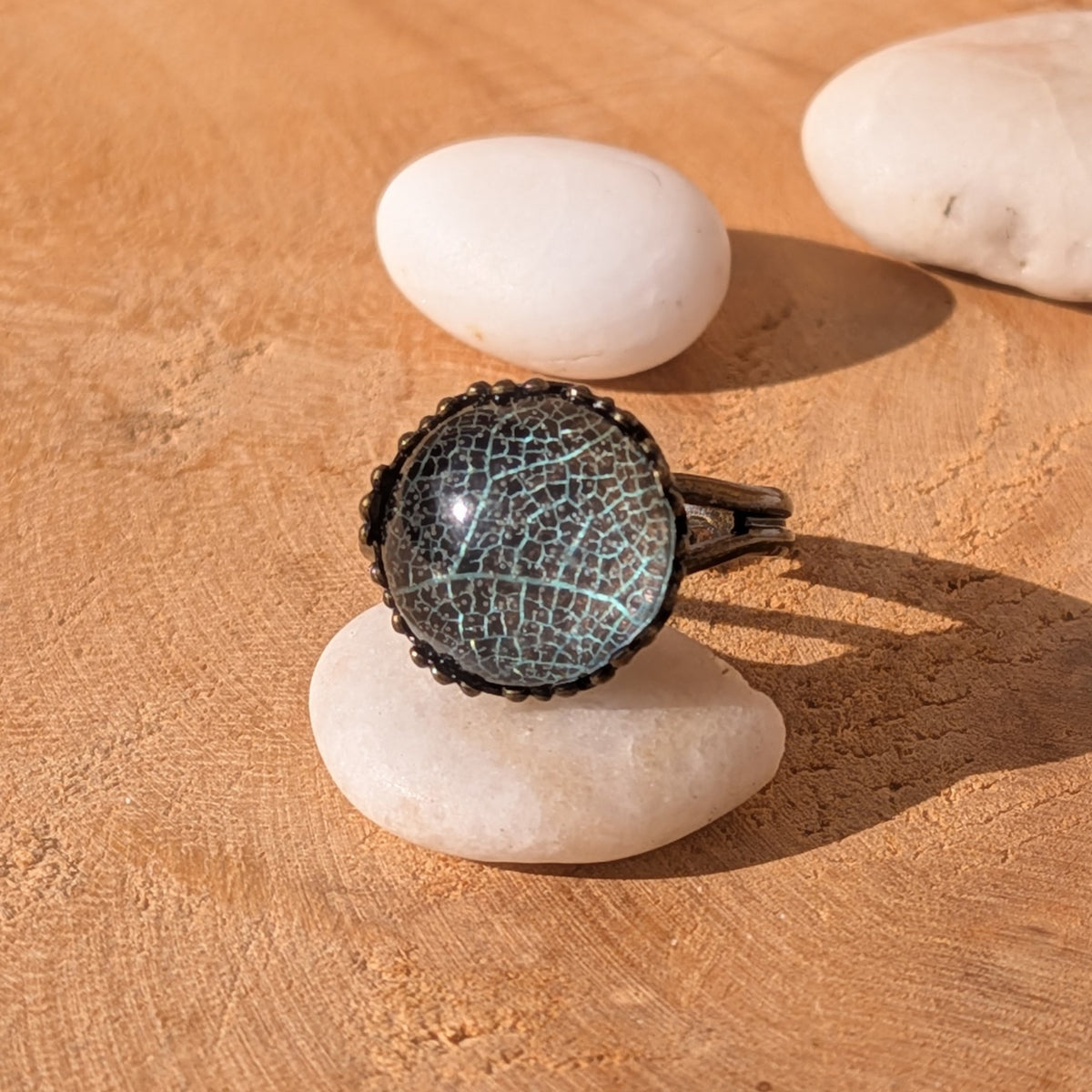 Front view of a Seafoam Lace resin ring balanced on a white pebble, showing fine branching leaf veins beneath the glossy dome, EL-Creations
