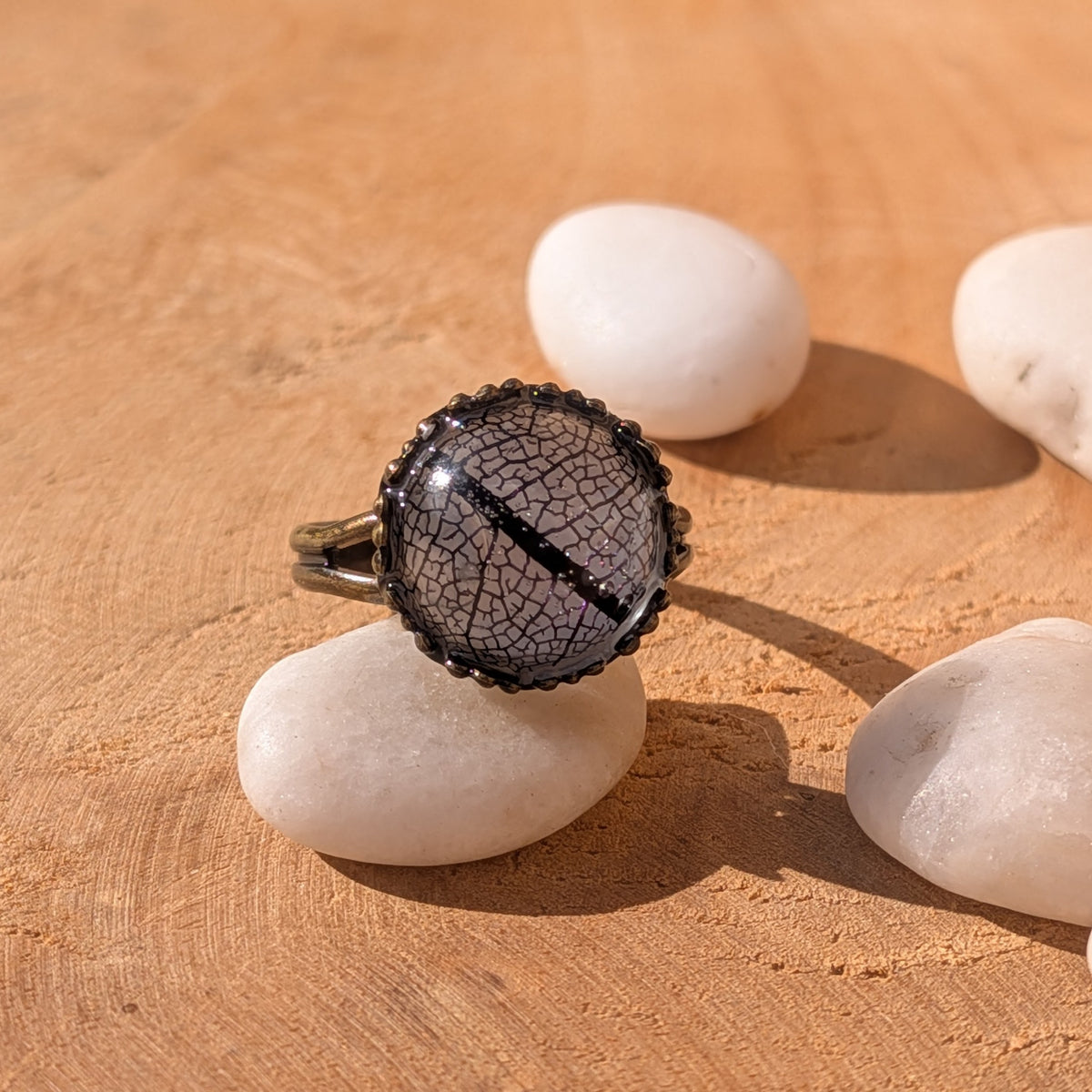 Front view of a botanical resin ring with a diagonal black leaf stem and delicate veins, balanced on a white pebble, EL-Creations
