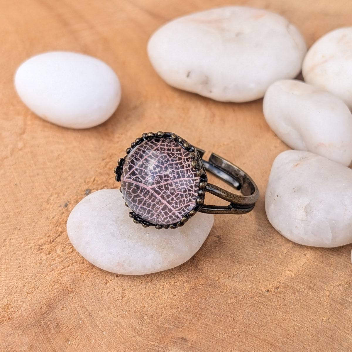 Blush Whisper resin ring with very pale pink skeleton leaf veins in a rustic brown setting, resting on a white pebble among smooth stones, EL-Creations