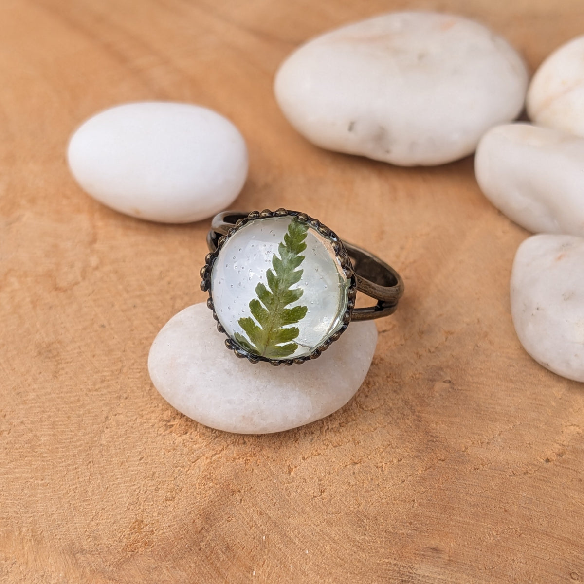 Fern Whisper resin ring resting on a white stone, with a green fern frond centred beneath the domed surface, EL-Creations