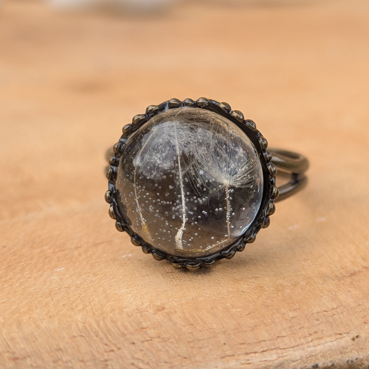 Macro close-up of dandelion seeds suspended in clear resin, surrounded by a decorative rustic brown ring setting, EL-Creations