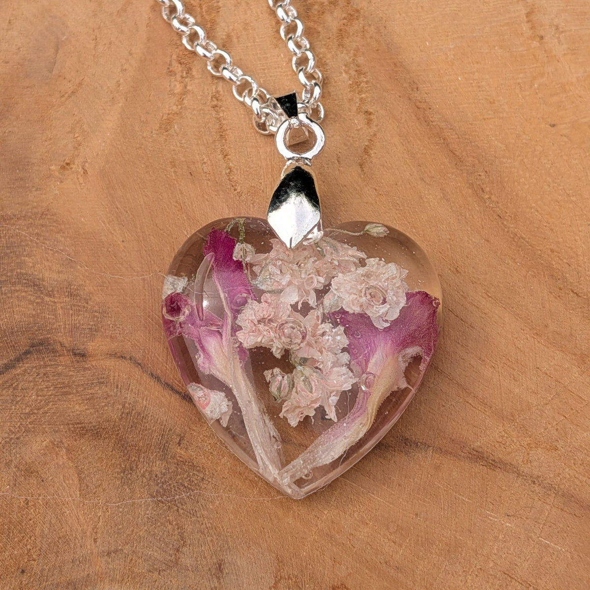 Real baby's breath and pink carnation heart resin necklace on sterling silver chain by EL-Creations