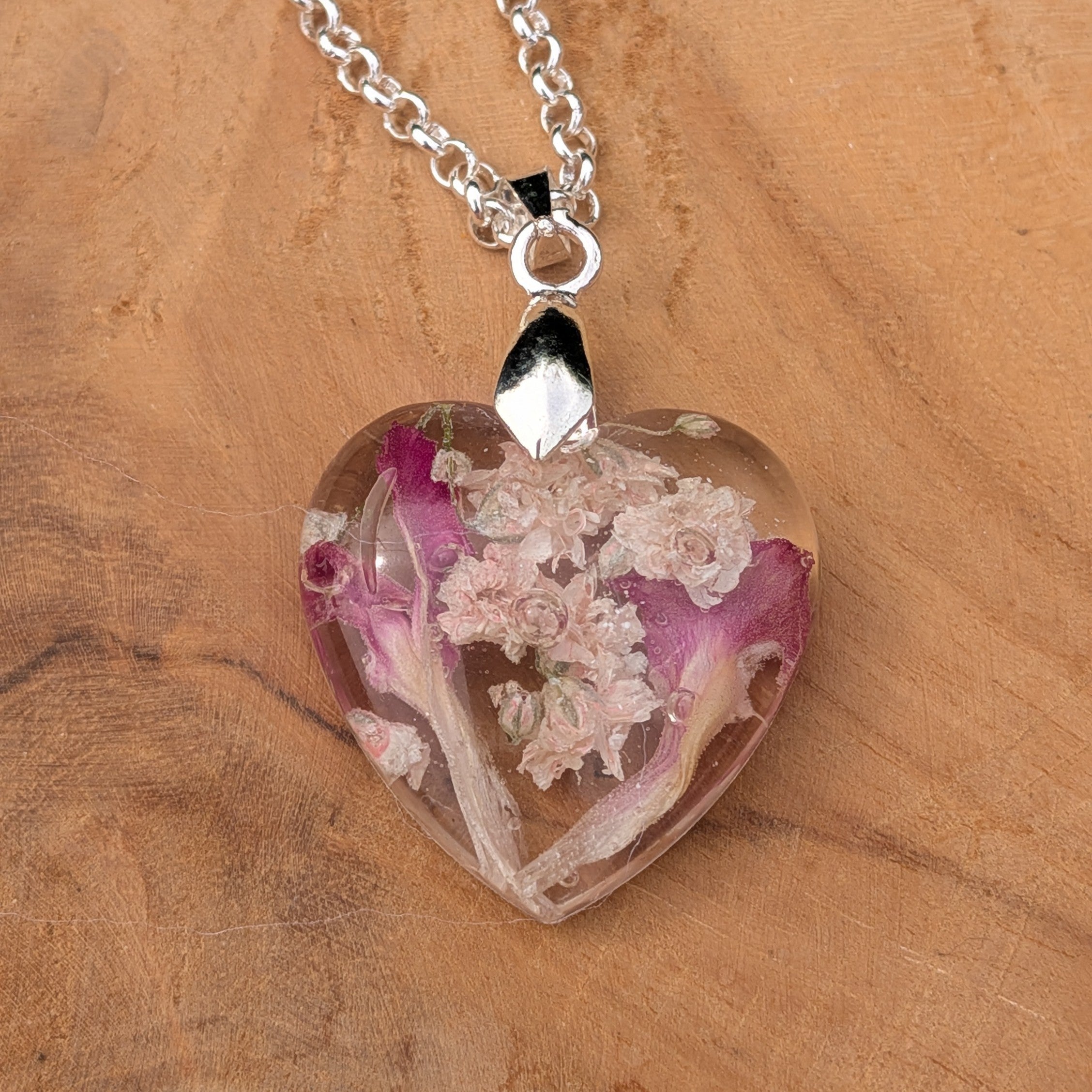 Real baby's breath and pink carnation heart resin necklace on sterling silver chain by EL-Creations