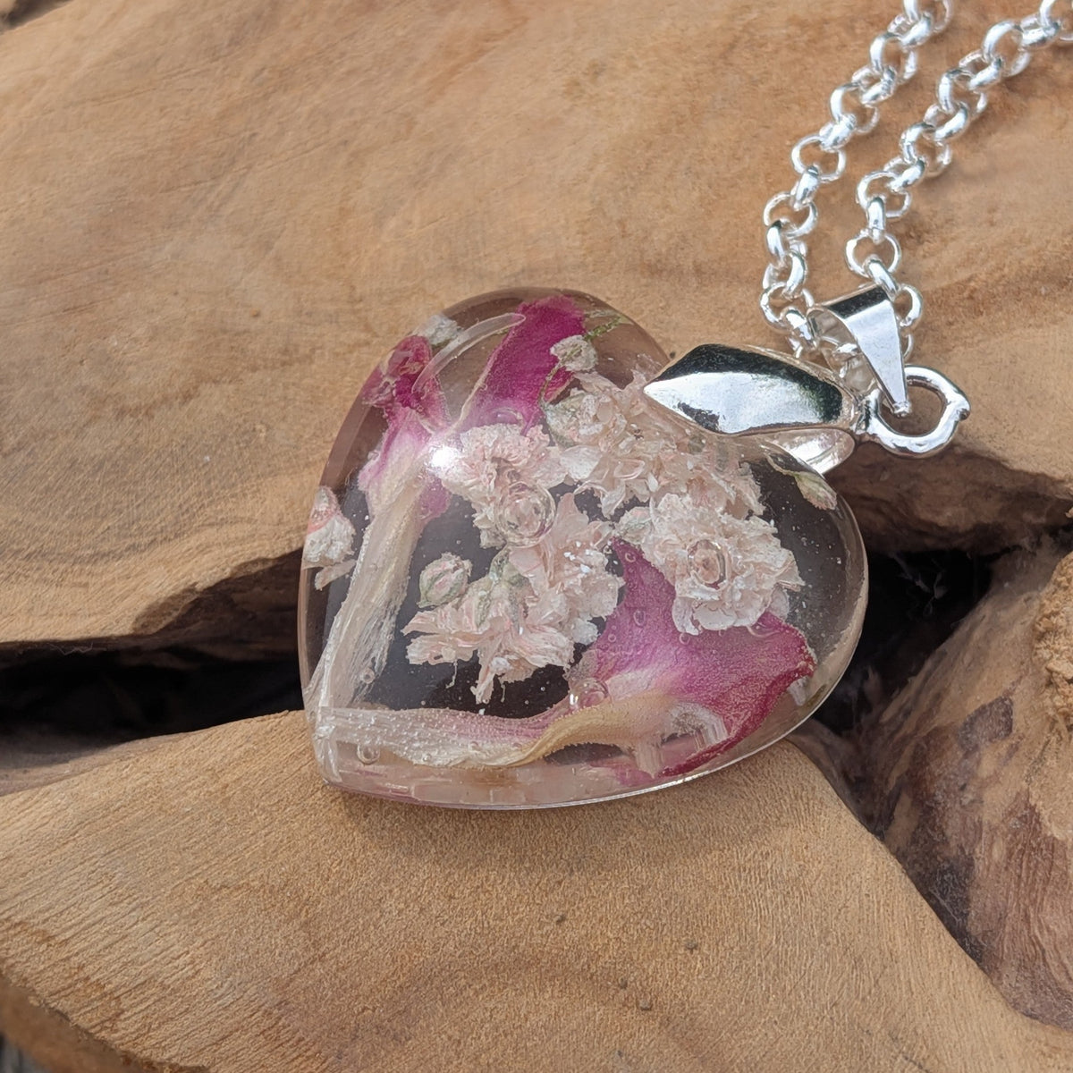 Nature inspired baby's breath carnation heart resin necklace on silver chain by EL-Creations
