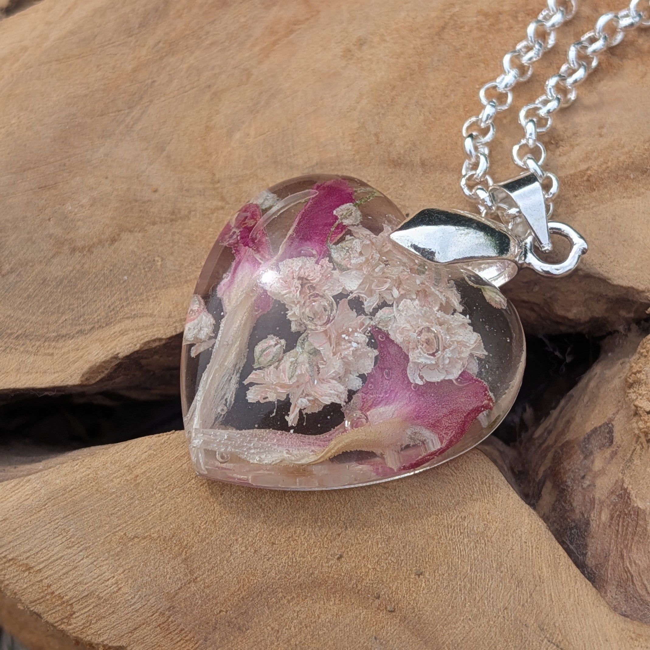 Nature inspired baby's breath carnation heart resin necklace on silver chain by EL-Creations