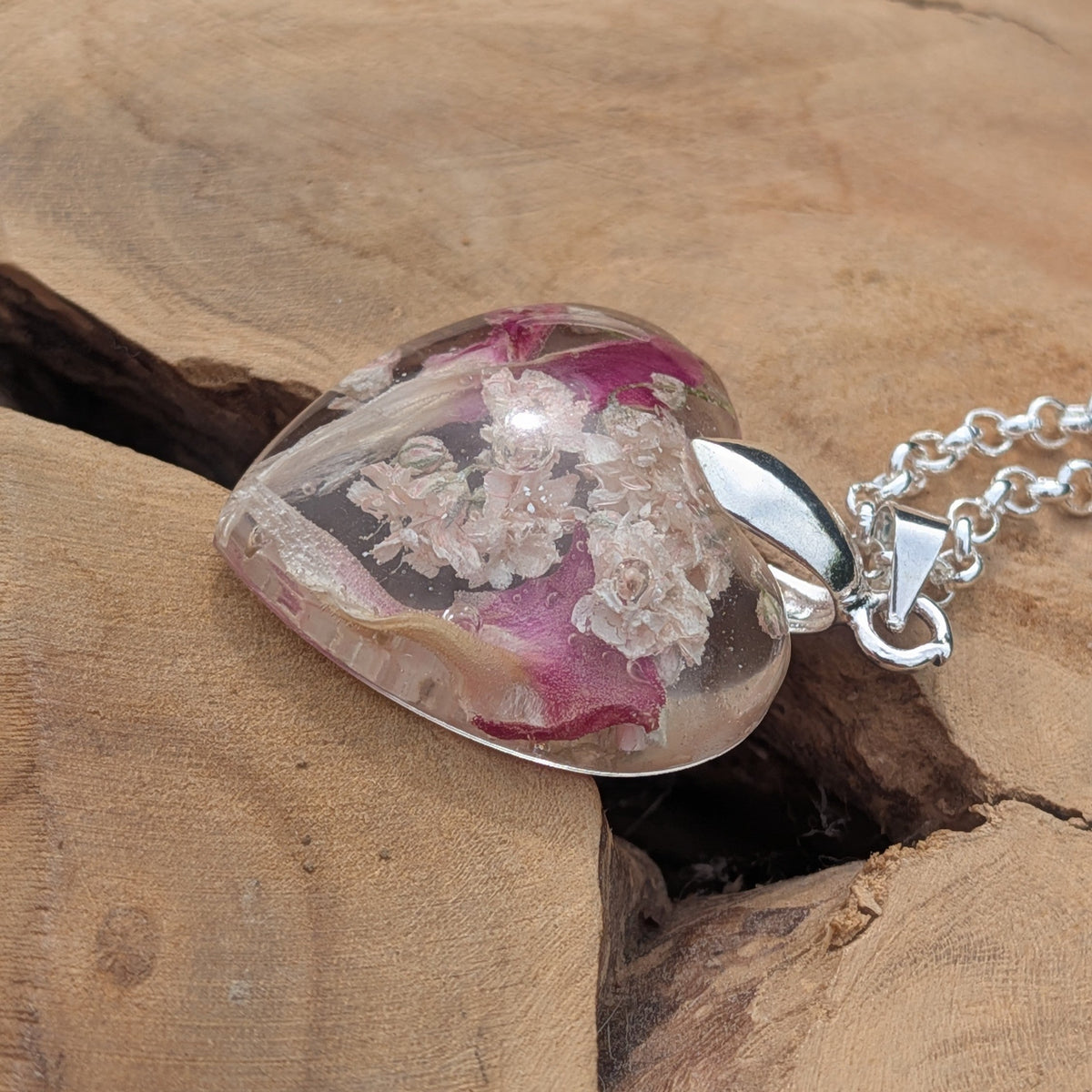 Blush pink carnation and baby's breath heart resin pendant by EL-Creations