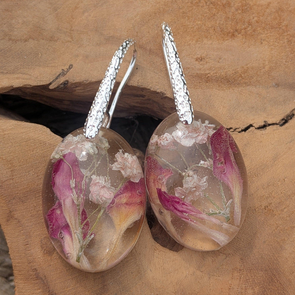 Handmade baby's breath carnation oval earrings on textured silver ear wires by EL-Creations