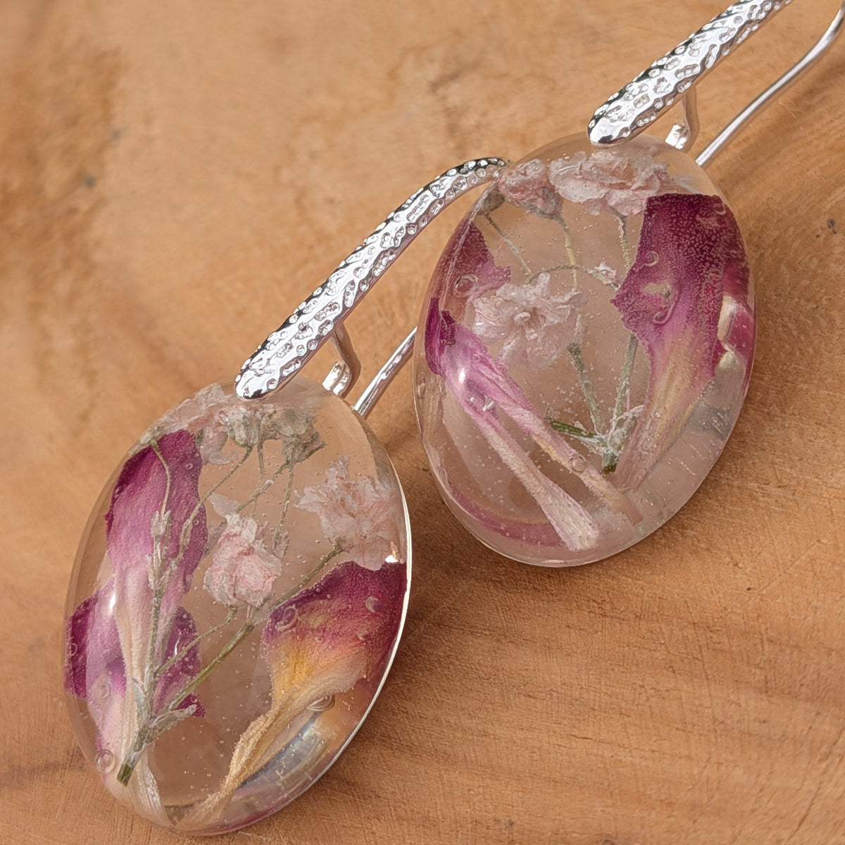 Botanical baby's breath carnation oval drop earrings by EL-Creations