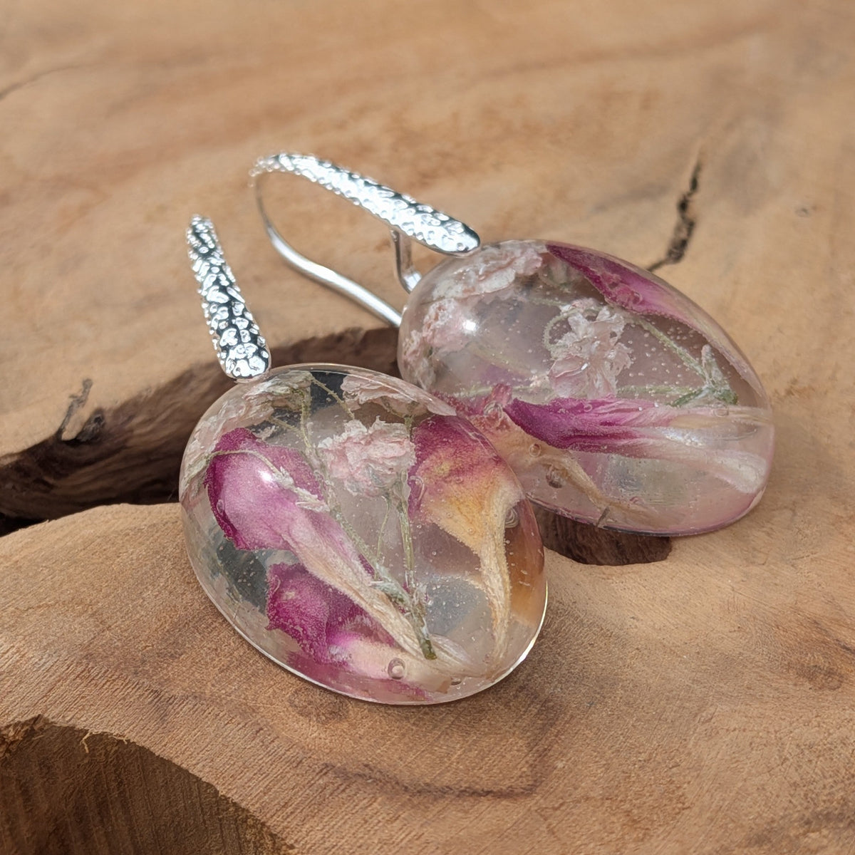 Nature inspired pink carnation baby's breath resin earrings on driftwood by EL-Creations