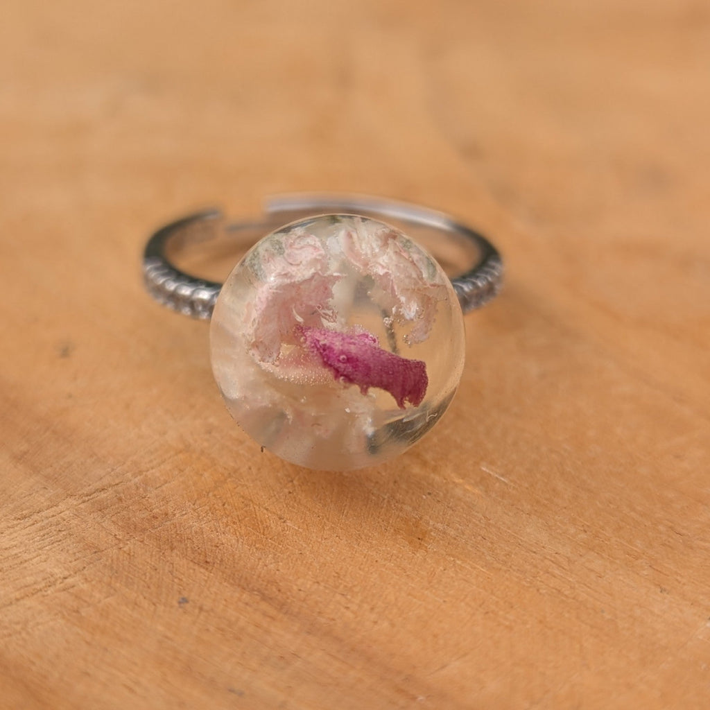 S925 adjustable ring with baby's breath and carnation resin ball by EL-Creations
