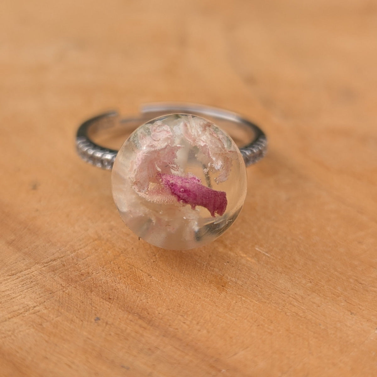 S925 adjustable ring with baby's breath and carnation resin ball by EL-Creations