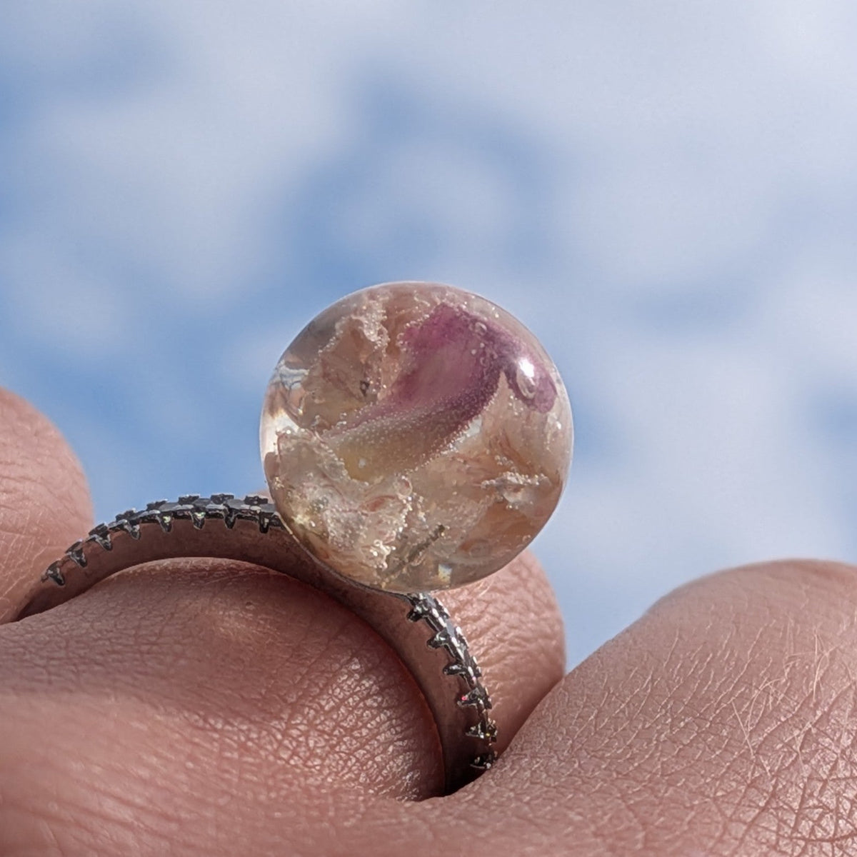 Nature inspired resin flower sphere ring with sparkling CZ band by EL-Creations
