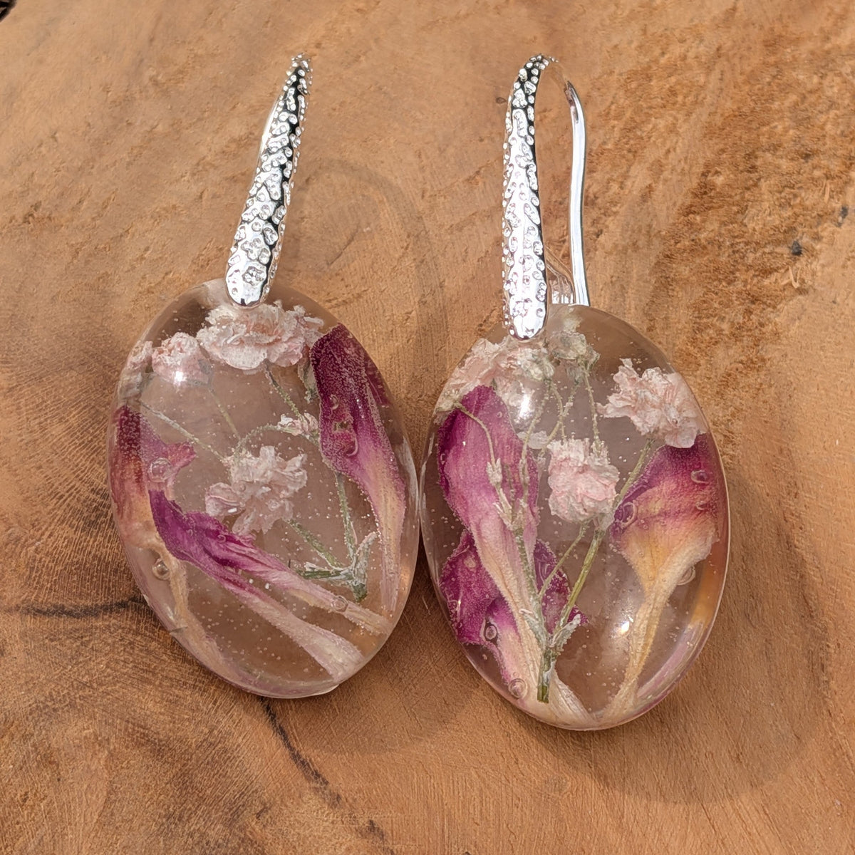 Real baby's breath and pink carnation oval resin drop earrings on sterling silver hooks by EL-Creations