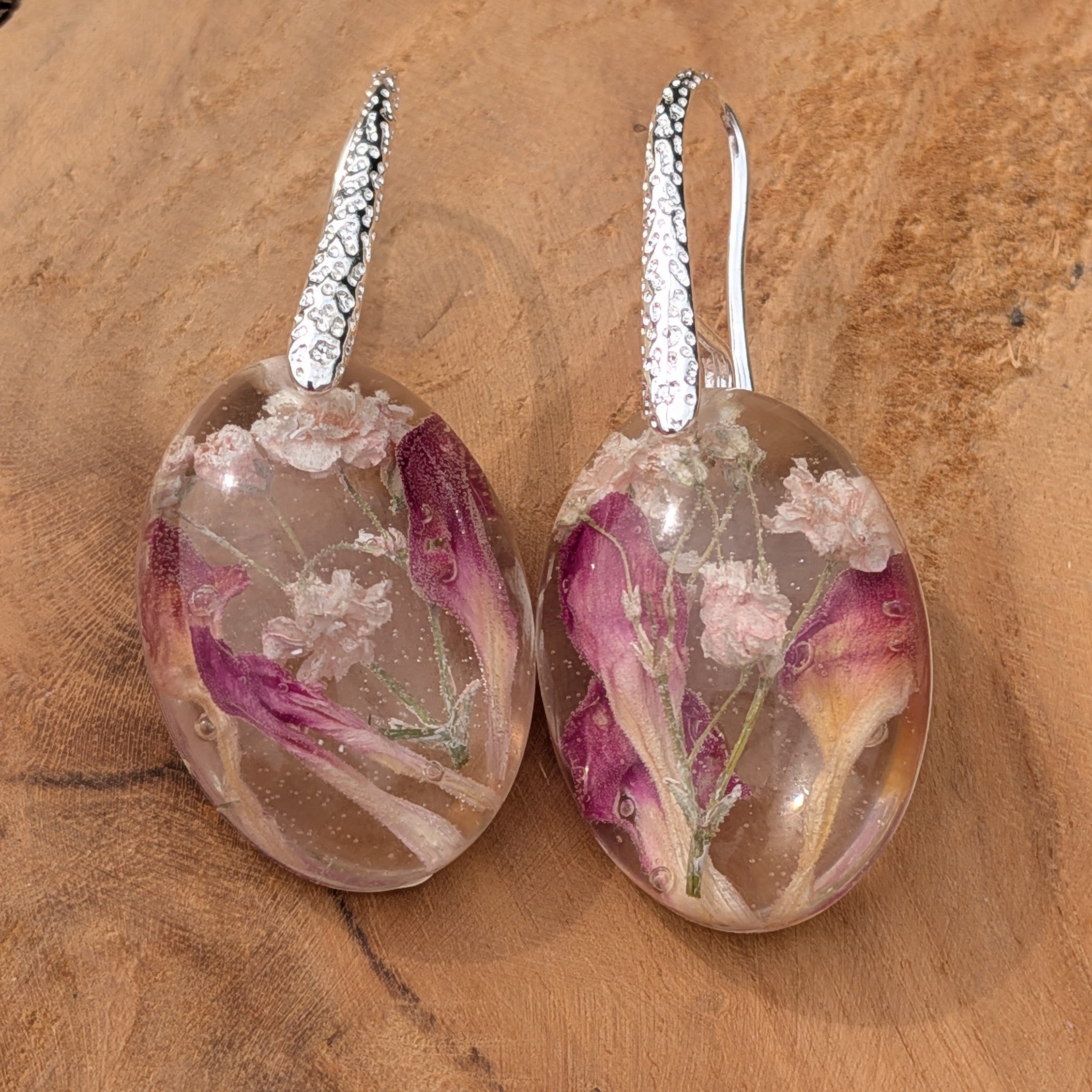 Real baby's breath and pink carnation oval resin drop earrings on sterling silver hooks by EL-Creations