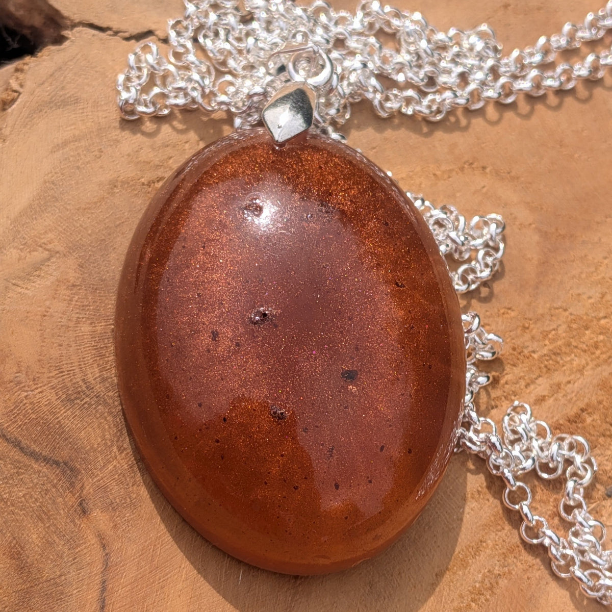 Large metallic copper resin oval necklace with silver bail by EL-Creations