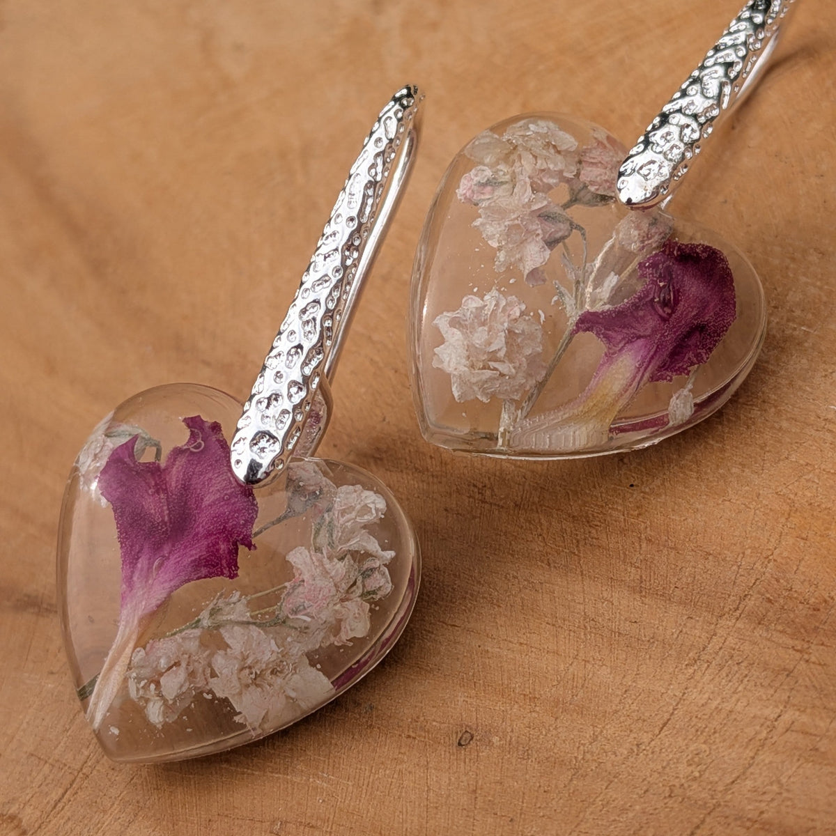 Delicate pink carnation baby's breath heart resin earrings by EL-Creations