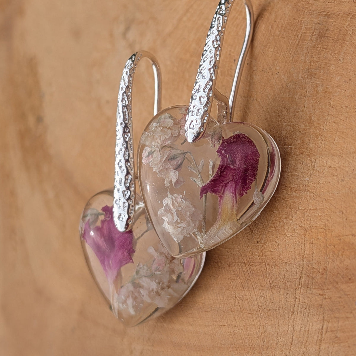 Nature inspired baby's breath carnation heart resin earrings on driftwood by EL-Creations