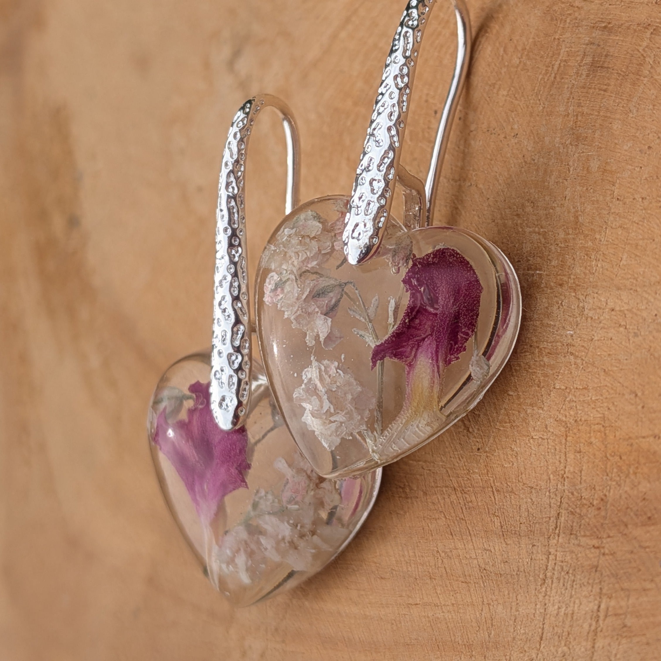 Nature inspired baby's breath carnation heart resin earrings on driftwood by EL-Creations