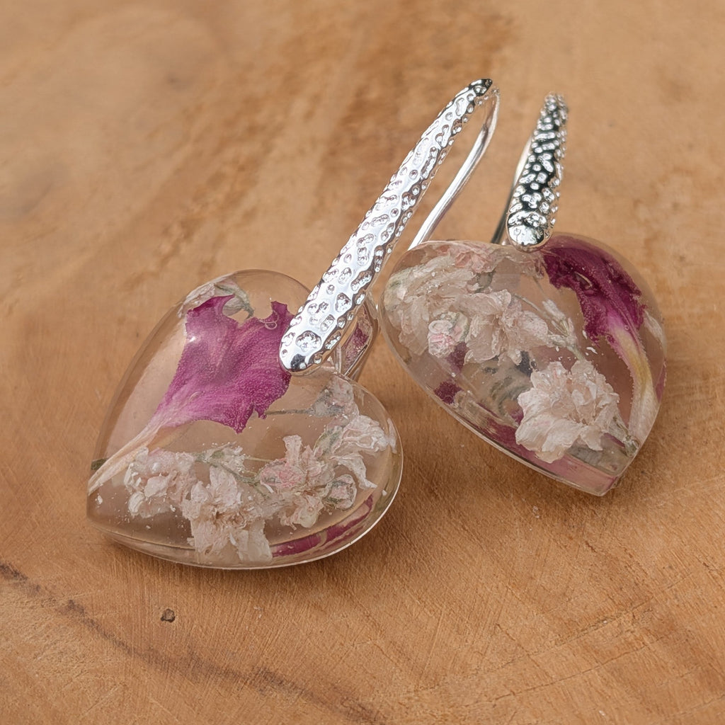 Real baby's breath and pink carnation heart resin drop earrings on sterling silver hooks by EL-Creations