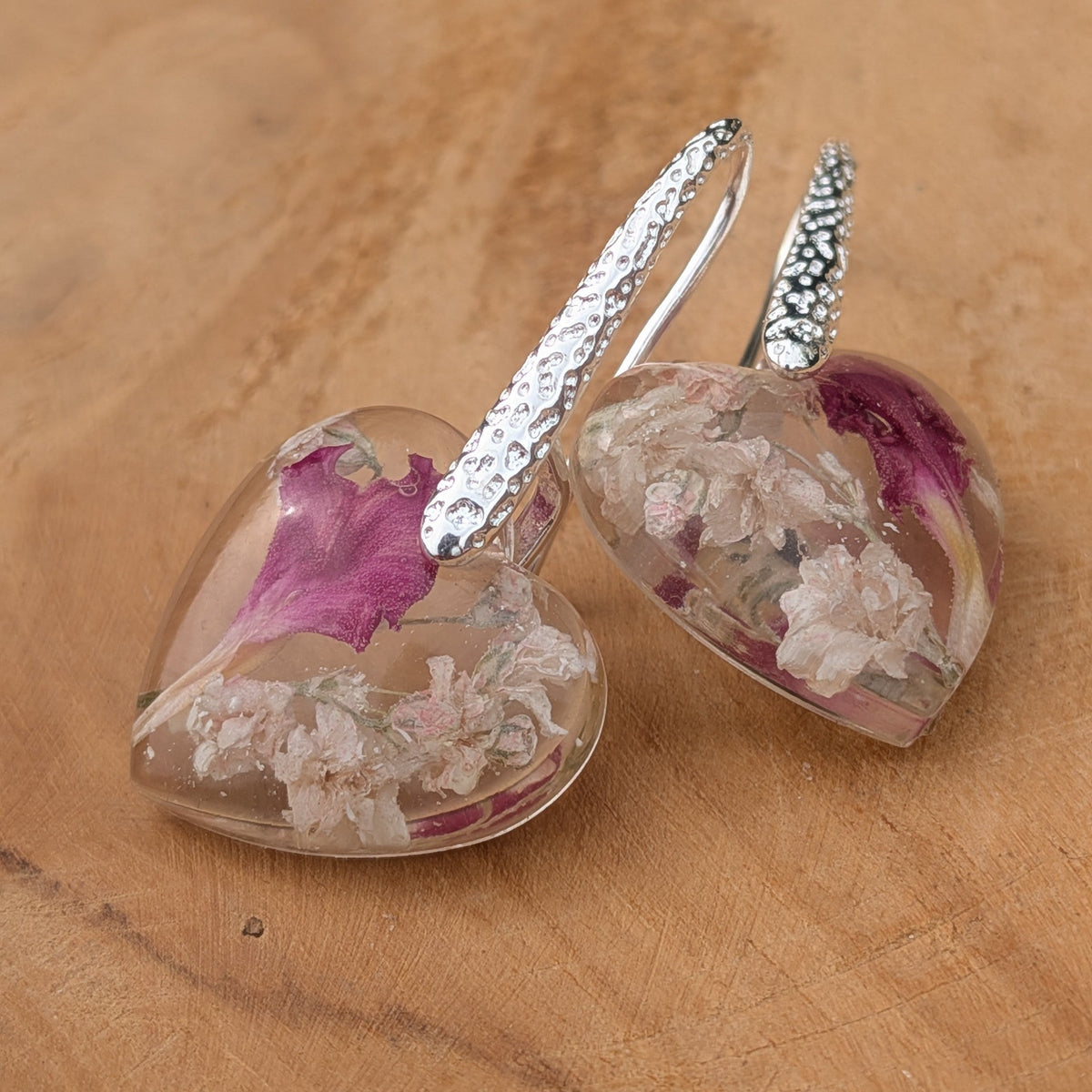 Real baby's breath and pink carnation heart resin drop earrings on sterling silver hooks by EL-Creations
